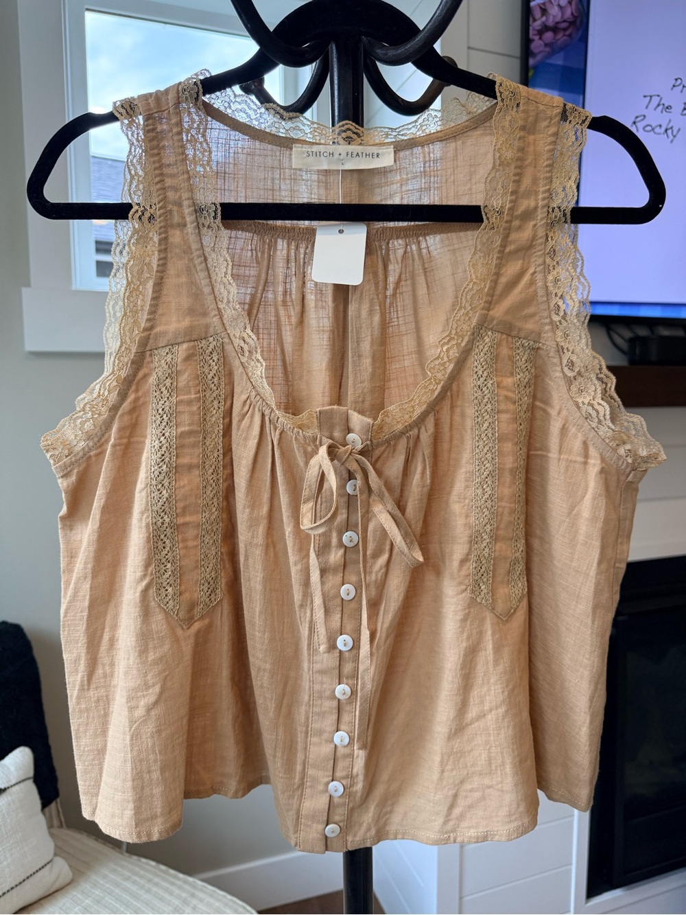 Stitch + Feather Tanish Taupe color Lace-Trim Button Front Camisole